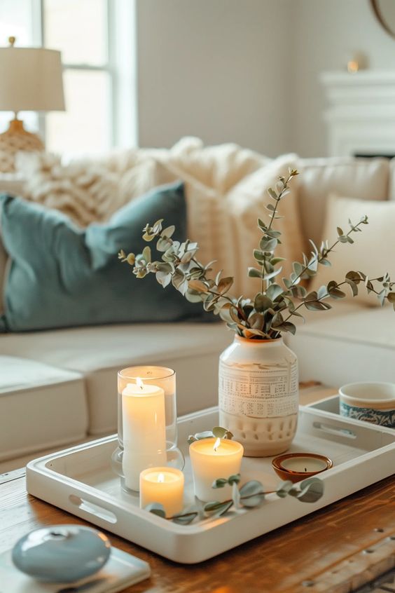 unique coffee table with tray and candles